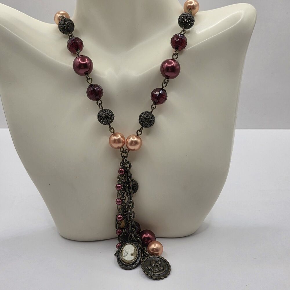 VTG Avon 1980s Y Necklace Earthtones Dark Metal Chain 18" Pendant 3 1/2"